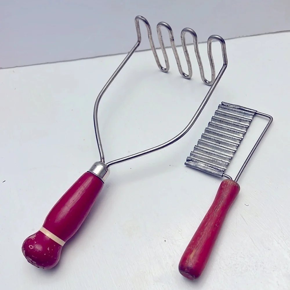 Vintage Kitchen Utensils Painted Red Handles Potato Masher Wavey Kringle Cutter